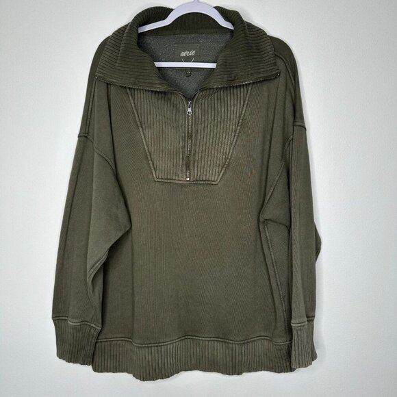 aerie Tops - Aerie Down to Earth 1/4 Zip Sweatshirt Green Oversized Size L